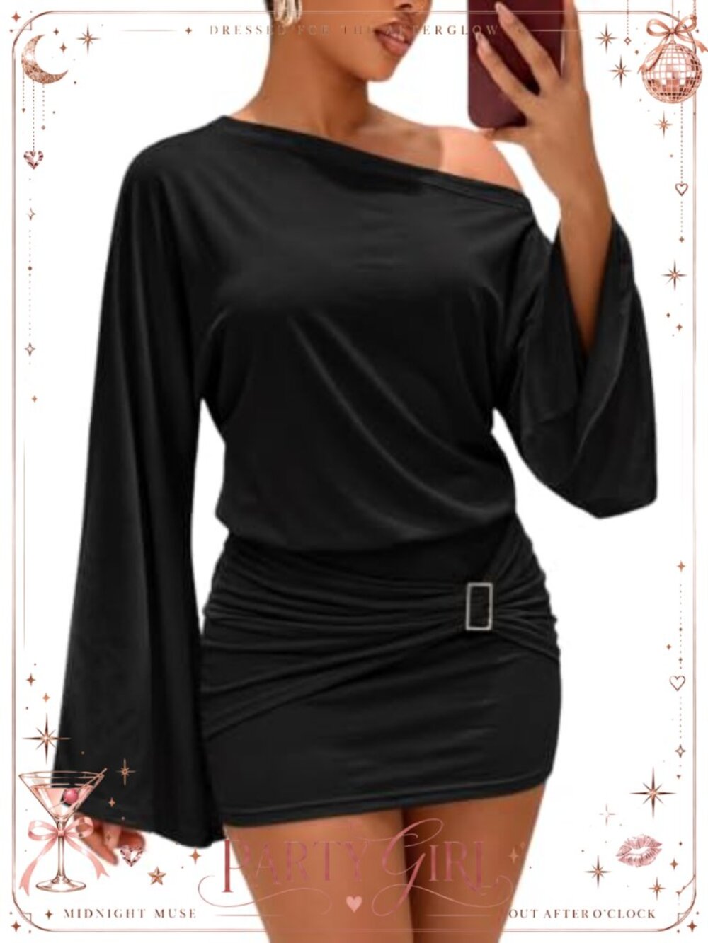 One Shoulder Ruched Bodycon Mini Dress Batwing Sleeve Polyester Blend